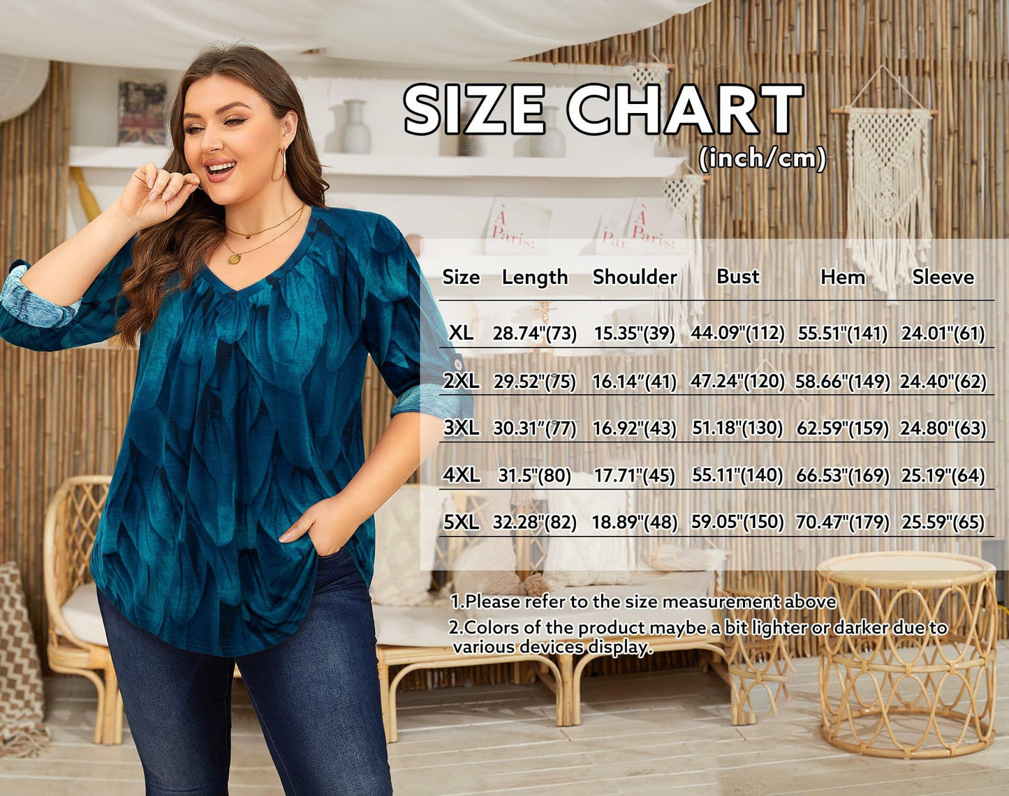 Amrto Plus Size V Neck 3/4 Sleeve Tunic Top Black Gray Size XXL