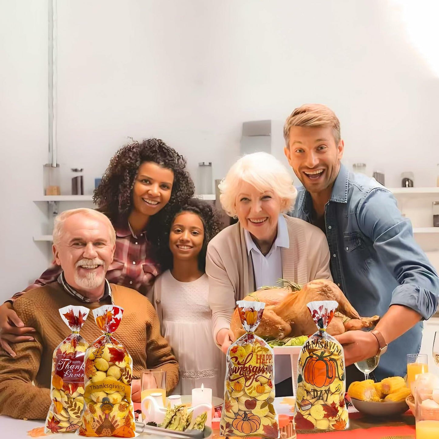 QOIUSO 100PCS Thanksgiving Treat Bags with 110 Twist Ties Pumpkin Leaf