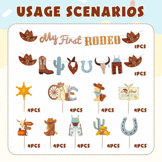 36PCS My First Rodeo Boy Birthday Decorations Baby Shower Party Supplies