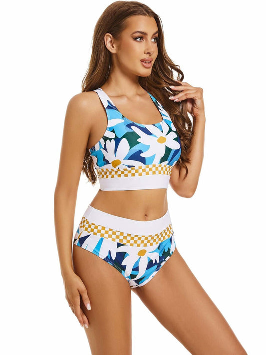 Subriank 2-Piece High-Waist Colorblock Swimsuit for Women (DeepSkyBlue, M)