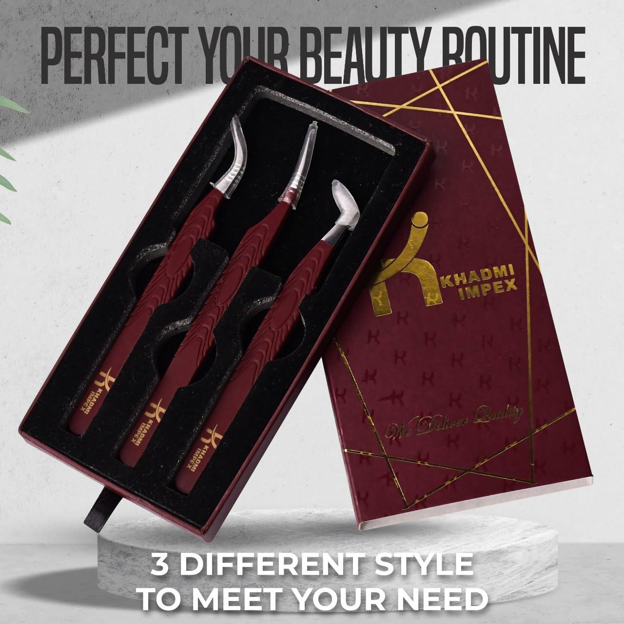 KHADMI IMPEX Eyelash Extension Tweezers Set Straight Curved Volume Black