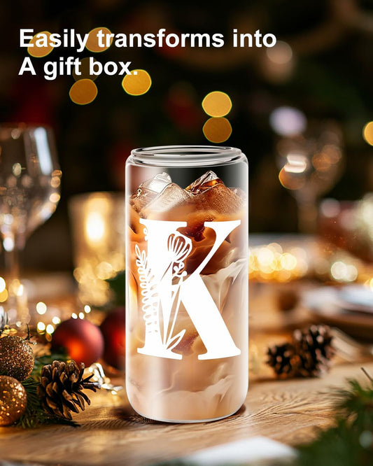 Monogrammed Glass Tumbler Cup with Lid & Straw Personalized Gift OPEN BOX