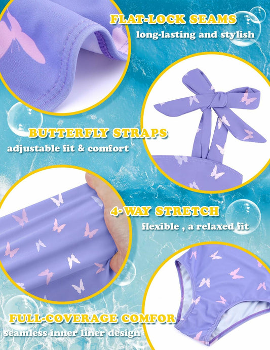 Toddler Girl Swimsuit One-Piece Purple Butterfly UPF 50 Size 7-8 Summer