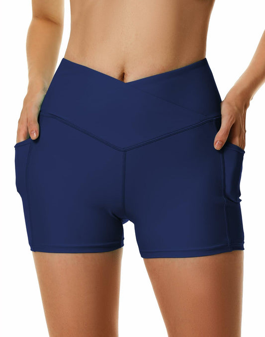 Cagola Women’s High Waist Swim Shorts 5" Inseam Quick-Dry Navy Blue L