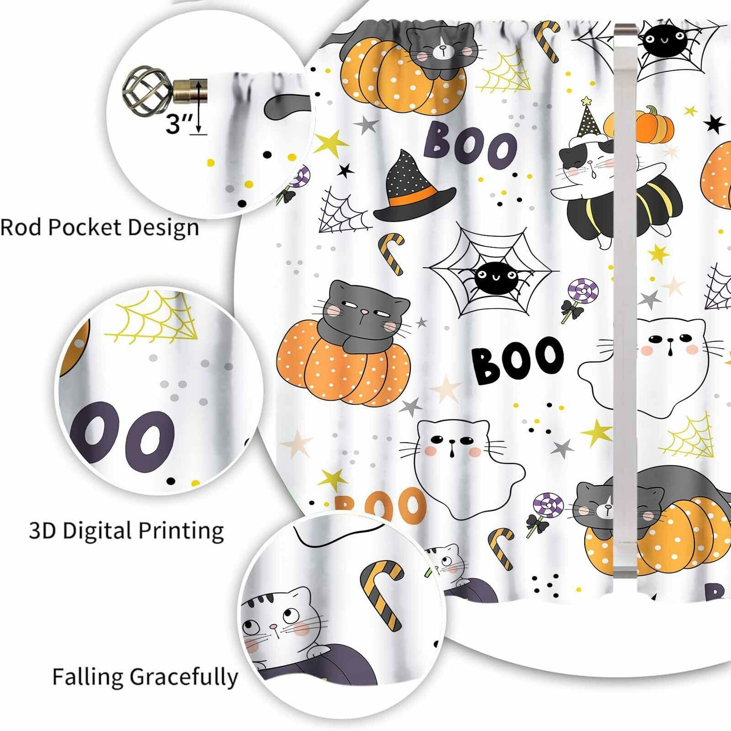 Lnepty Halloween Kids Curtains Cute Cat Pumpkin Ghost 42x45 2 Panels