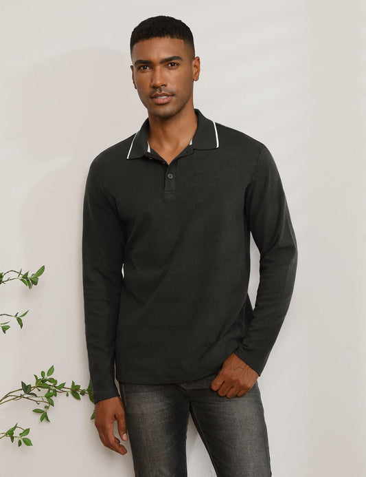 Thkzn Men’s Fleece Lined Polo Shirt Long Sleeve Button Golf Casual Black 2XL