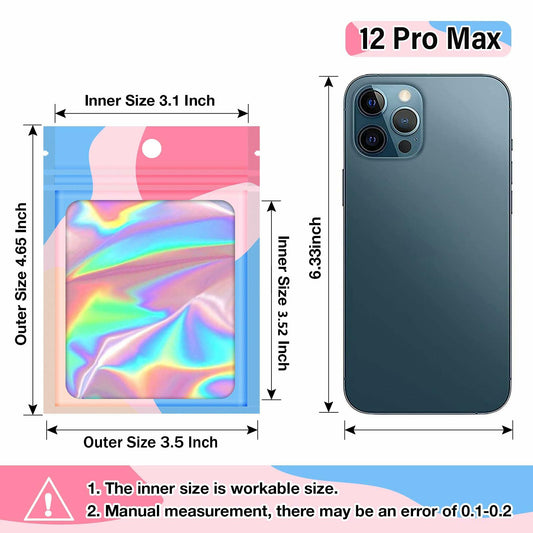 100pcs Holographic Mylar Zip Bags 6.3x9.4” Clear Window Resealable
