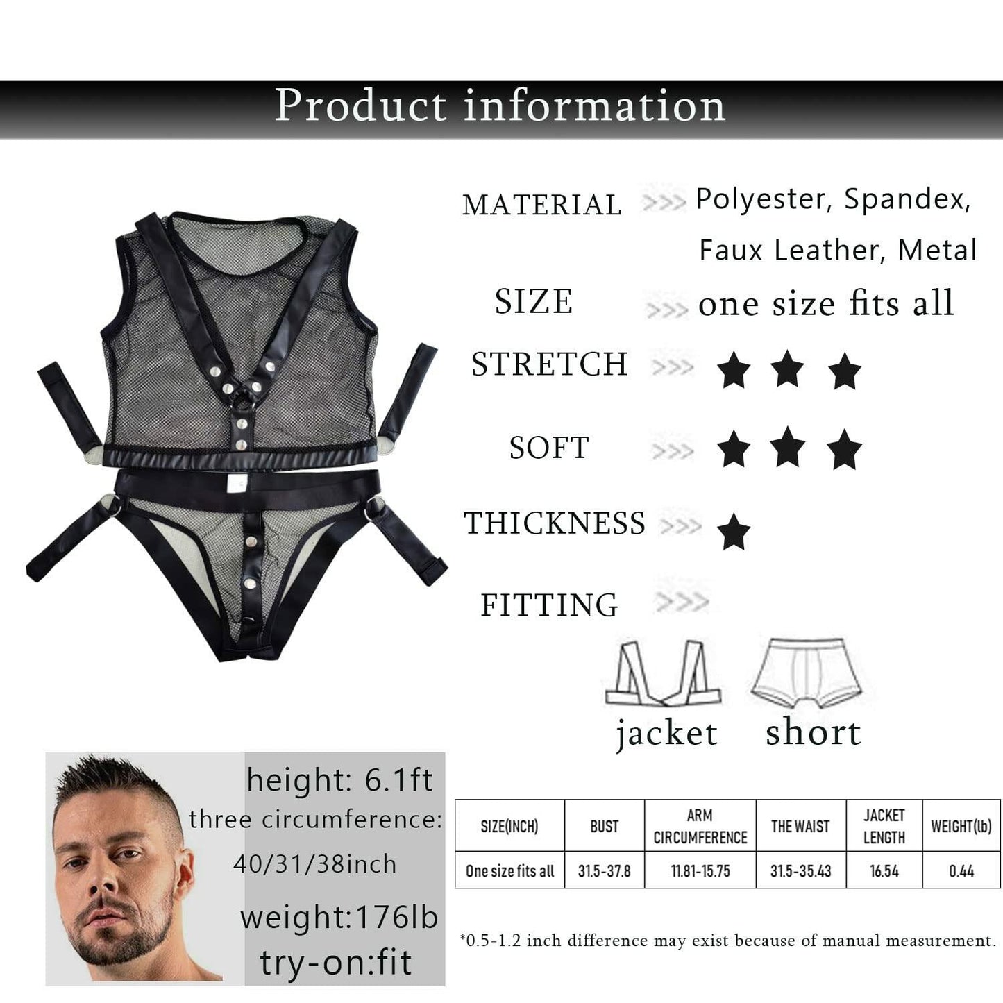 Men’s Mesh Harness Costume Set Faux Leather Straps Button Front