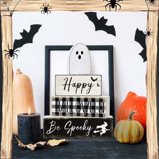 Yalikop Halloween Ghost Table Decor Wooden Block Signs Farmhouse 4 Pcs