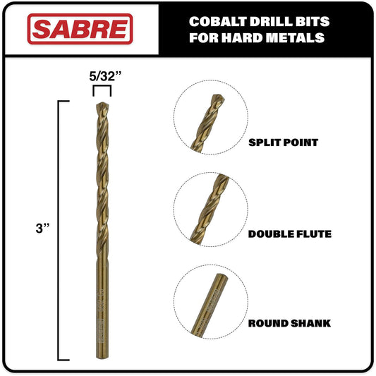 Sabre Tools 5/32” Cobalt Drill Bit Set 5pcs M35 Split Point Steel Metal Cast