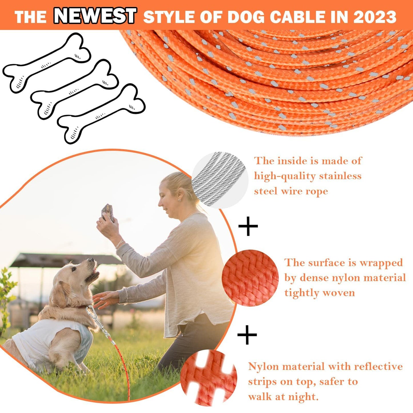 VIVBOO Dog Tie Out Cable Reflective Leash 10-30ft Swivel Hook Medium-Large