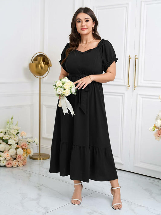 SCOMCHIC Plus Size Off Shoulder Puff Sleeve Maxi Dress Belt Black Size 3X