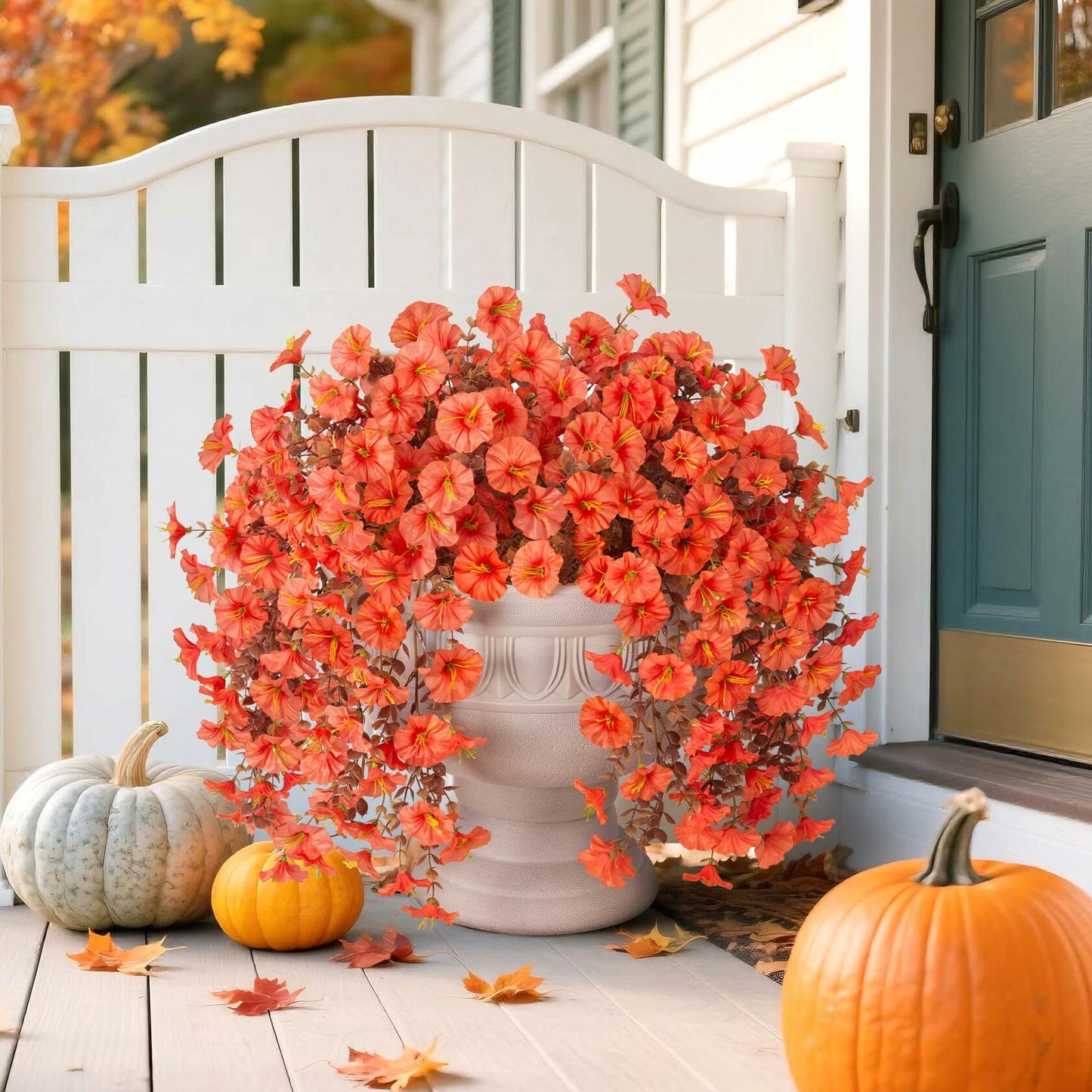 HyeFlora Fake Mums Artificial Fall Hanging Flowers 2 PCS Orange Brown Leaves