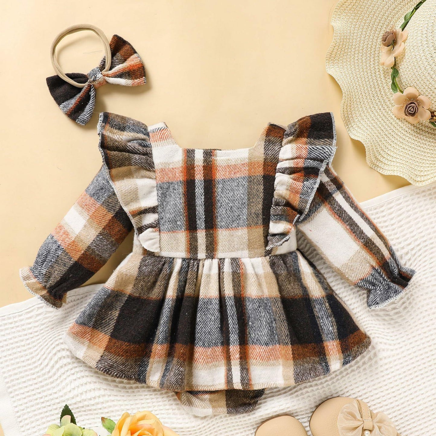 TITKKOP Baby Girl Plaid Romper Dress Bow Headband Khaki Size 6-12M