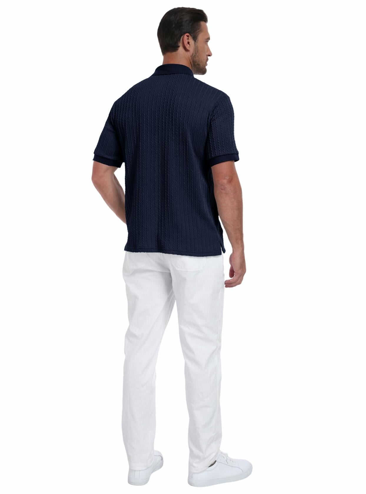 Knit Polo Shirt Men V Neck Buttonless Short Sleeve Navy Size M