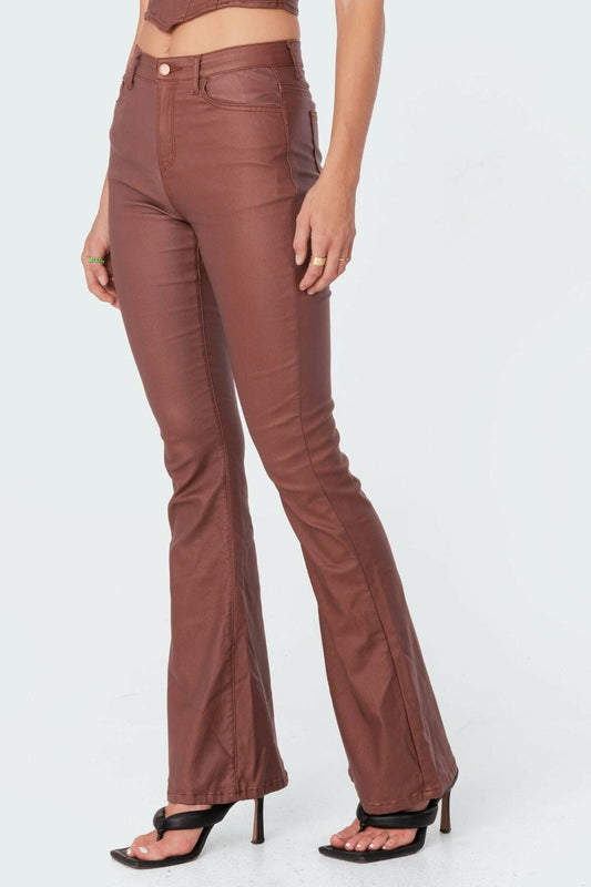 Kodaruber Women Faux Leather High Waisted Flare Pants Light Brown Size M