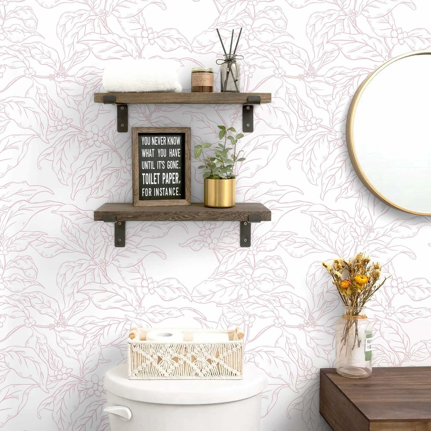 Heroad Boho Floral Peel & Stick Wallpaper Pink White 17.3x78.7in Vinyl