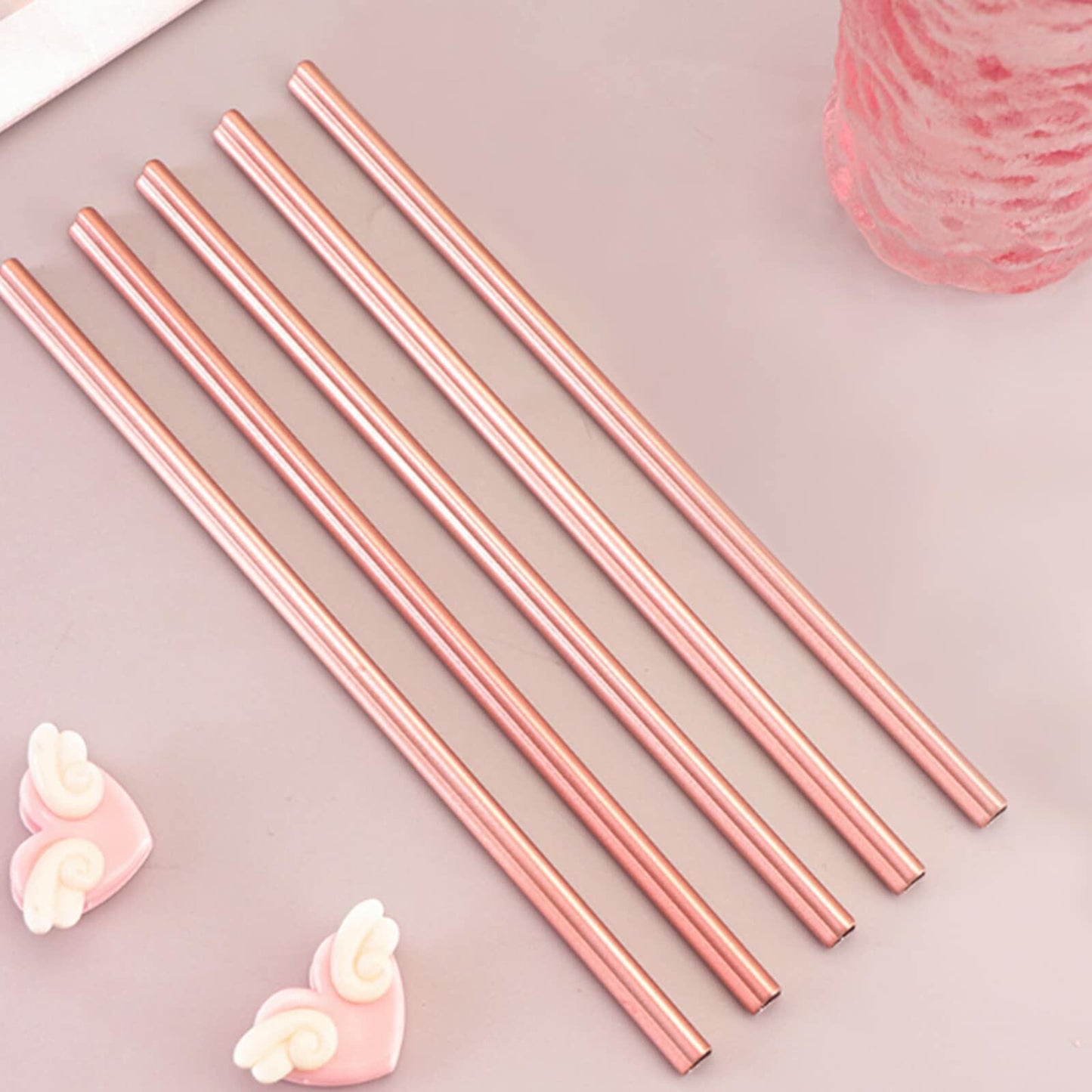 Fepibur 10Pcs Pink Heart Stainless Steel Straws with Silicone Tips & Brush