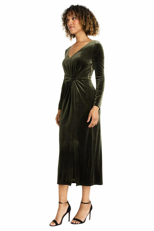 Maggy London Women's V Neck MIDI Dress Draped Knot Waist Slit Rosin Size M