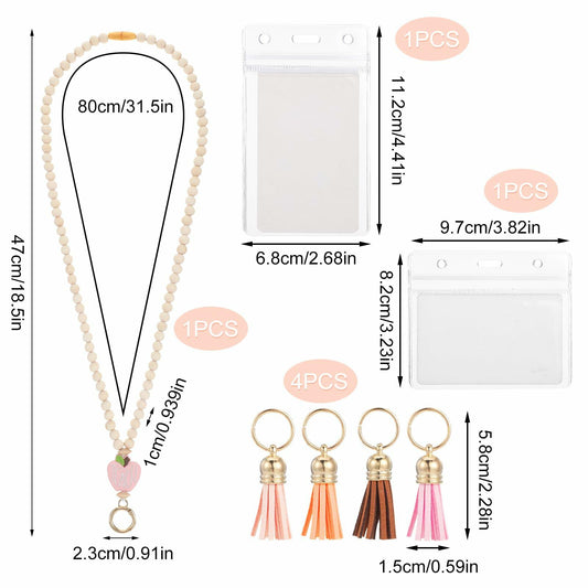 Bremorou Teacher Lanyard with ID Holder, Pink Wooden Beaded Boho Tassel