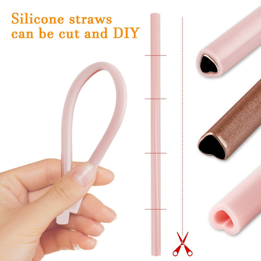 Fepibur 10Pcs Pink Heart Stainless Steel Straws with Silicone Tips & Brush