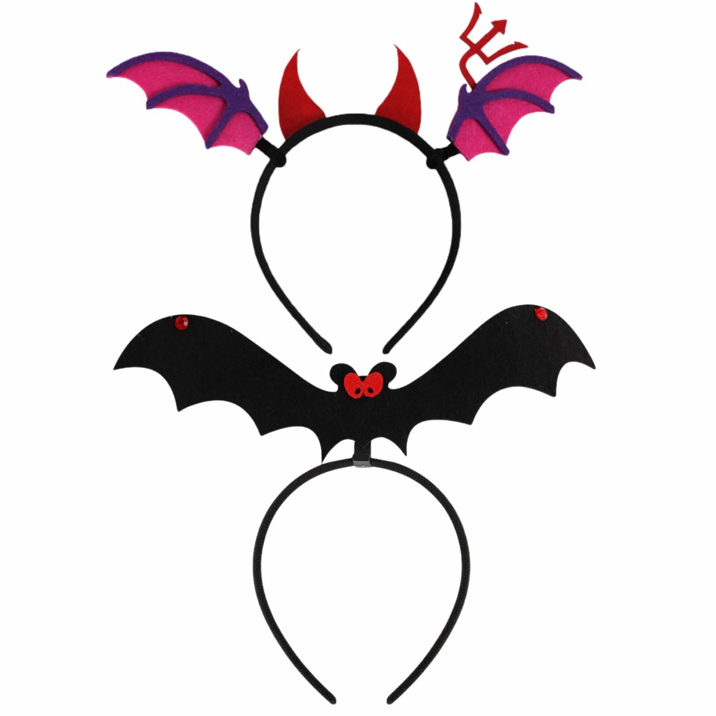 Qiexuxing Halloween Headband 2-Pack Bat & Devil Horns Black Felt