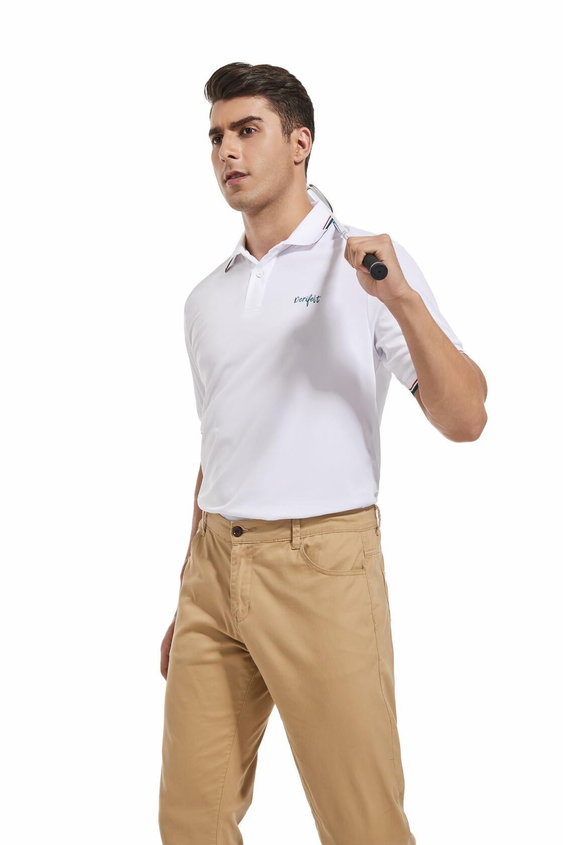 Derifelt Mens Moisture Wicking Polo Shirt White Striped Size XX-Large