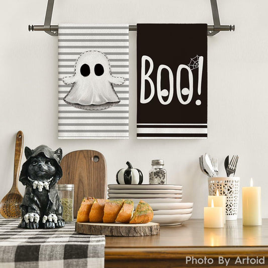 Artoid Mode Halloween Kitchen Towels Ghost Stripes Spider Web 18x26 Set 2