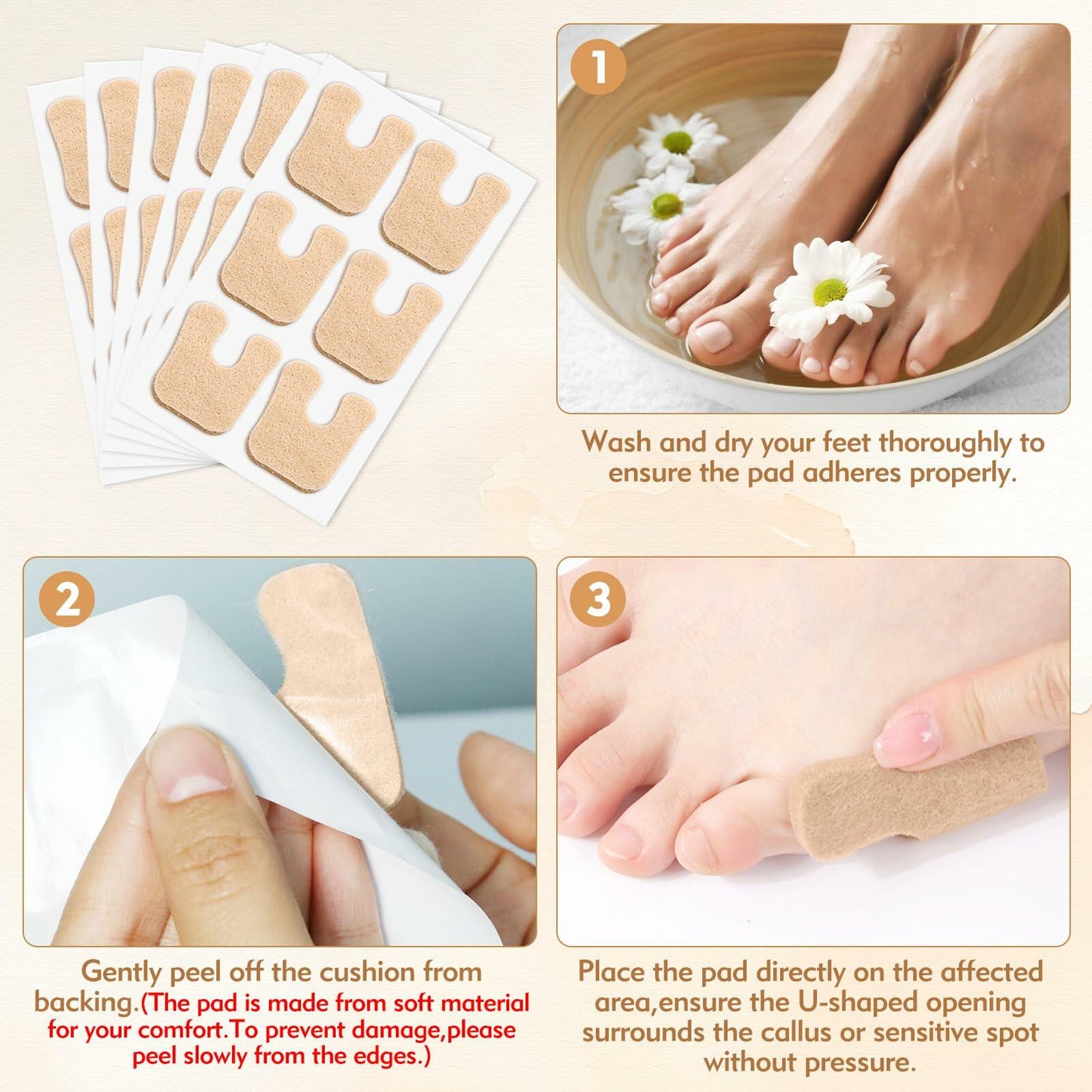 HiShutiao 24 Pcs U-Shaped Felt Callus Pads Beige Self Adhesive Foot Pain Relief