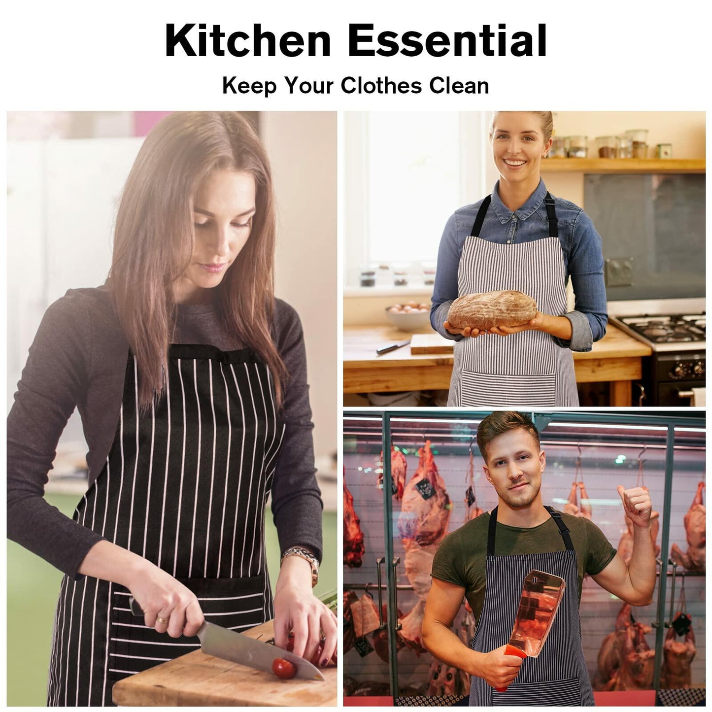 Jubatus 2 Pack Adjustable Kitchen Aprons with Pockets Black Brown Stripe 84x67cm