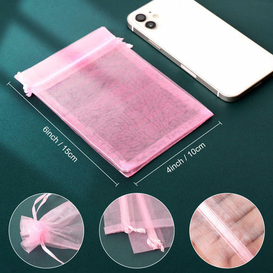 WenTao Organza Gift Bags 4x6in Pink 100pcs Drawstring Jewelry Pouches
