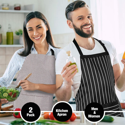 Jubatus 2 Pack Adjustable Kitchen Aprons with Pockets Black Brown Stripe 84x67cm
