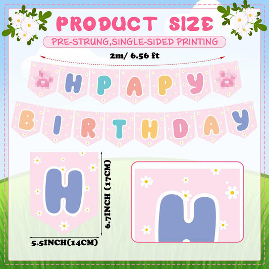 Marspark Blue Dog Birthday Banner with Daisy Flowers Pastel Colorful