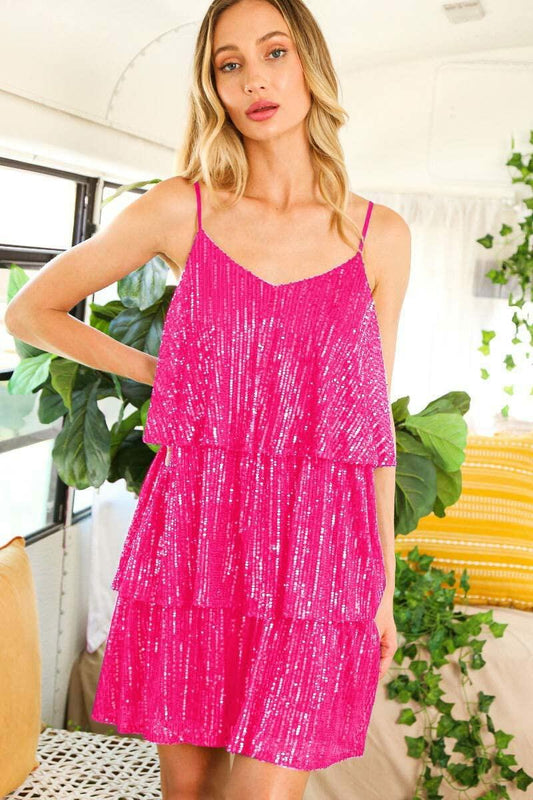 FANSI NOVA Women’s Glitter Sequin Dress V-Neck Spaghetti Strap Hot Pink M