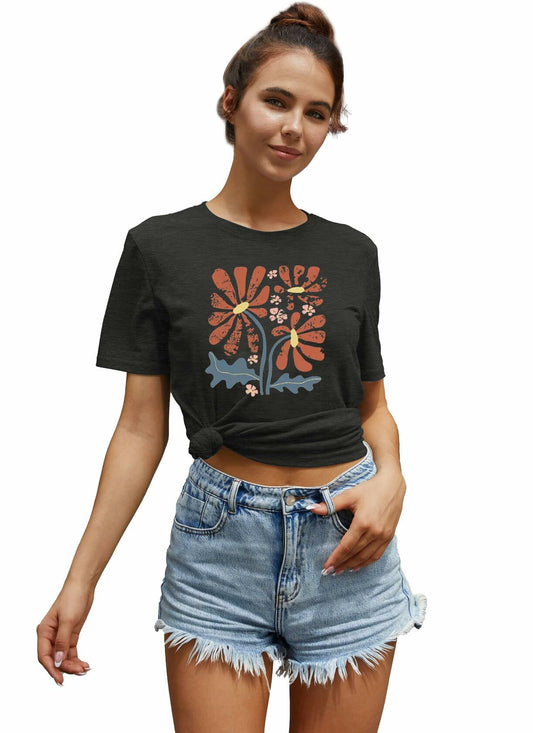 Floral Graphic Boho Women T-Shirt Vintage Wildflower Print Round Neck Small