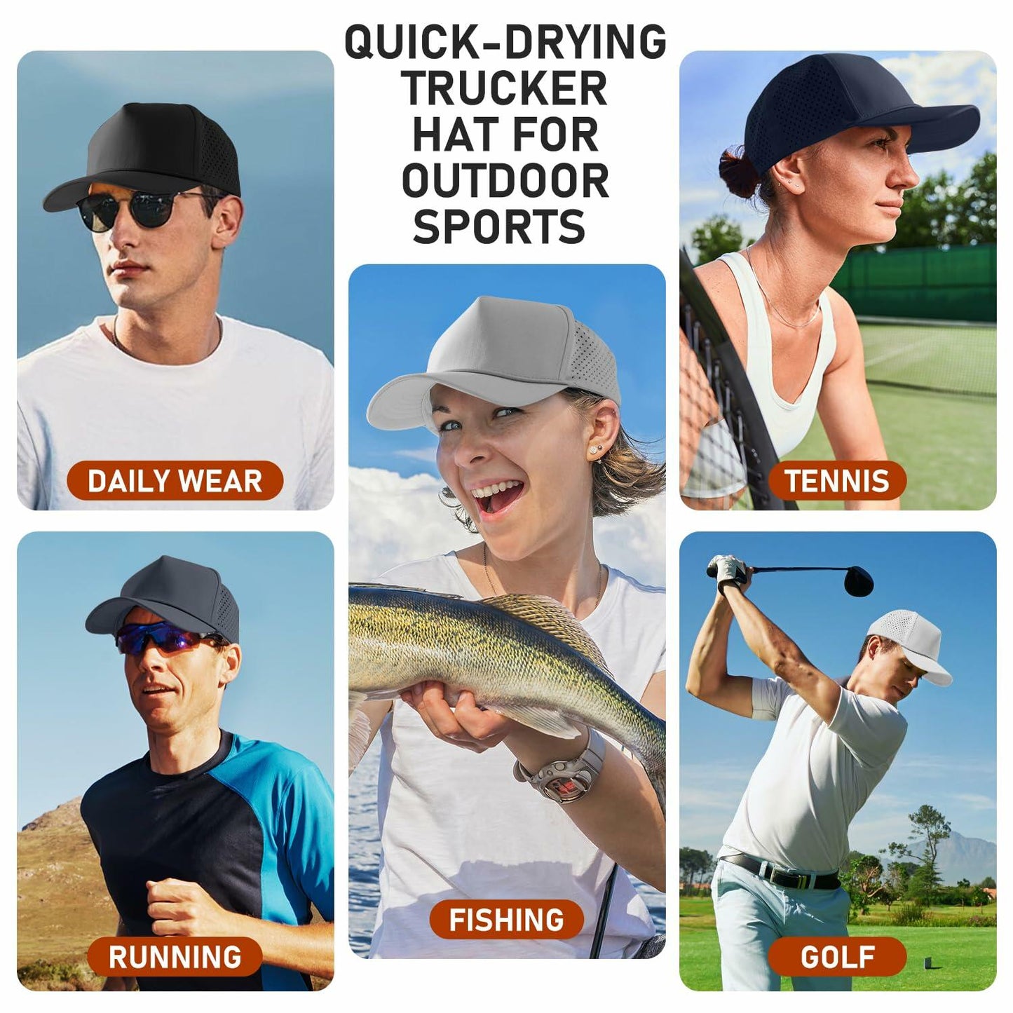 Falidem 5-Panel Trucker Hat Quick Dry Laser Cut Mesh Snapback Baseball Cap