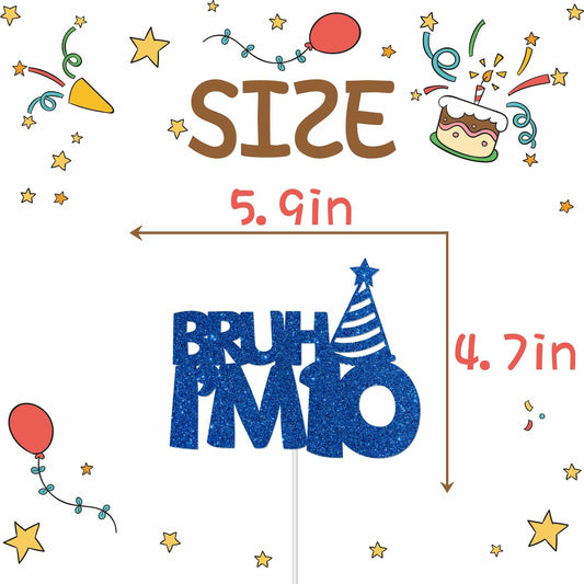“Bruh I’m 10” Blue Glitter Cake Topper 10th Birthday Party Decor Kids Boys