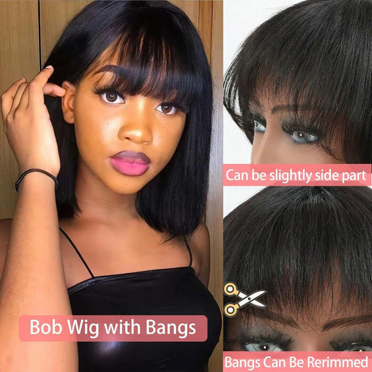 LESLY Natural Black Bob Human Hair Wig with Bangs Elegant Re-Stylable