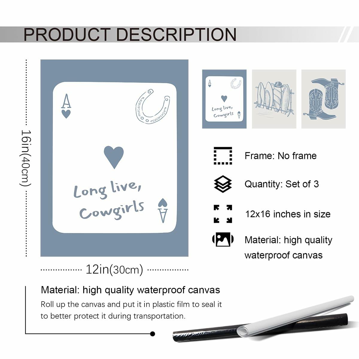 Venphude Coastal Art Canvas Set of 3 12x16in Unframed Blue Cowgirl Surfboard