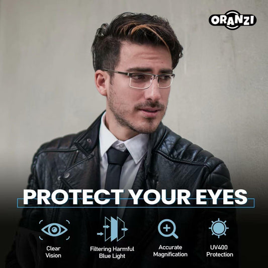 ORANZI 5-Pack Blue Light Blocking Reading Glasses, Half Metal Frame, 1.00