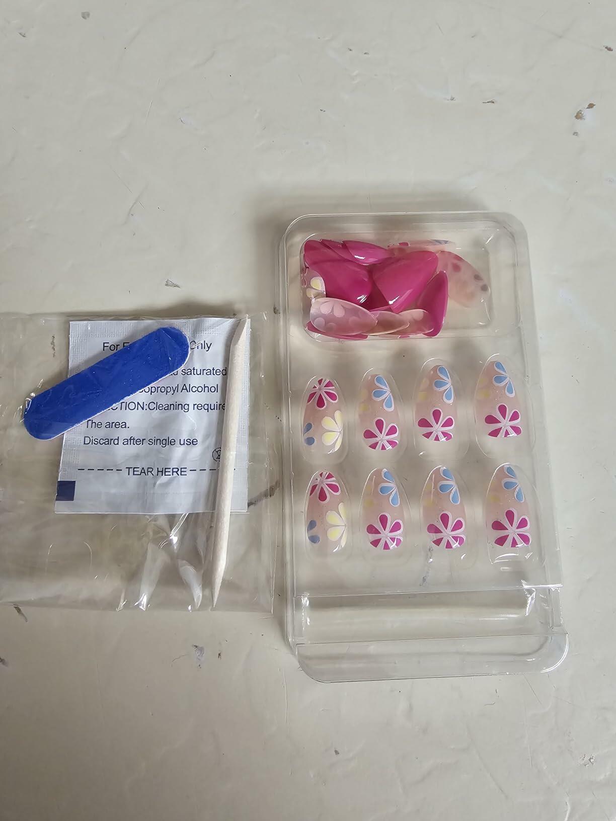 Short Almond Press On Nails Purple Floral Glossy Nude Fake Nails 24PCS