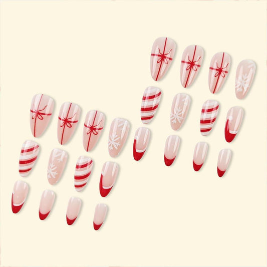 Short Almond Press-On Nails Red French Tip White Snowflake Fake Nails 24PCS
