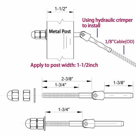 1/8" T316 Stainless Steel Adjustable Cable Railing Kit for 1.5" Metal Post