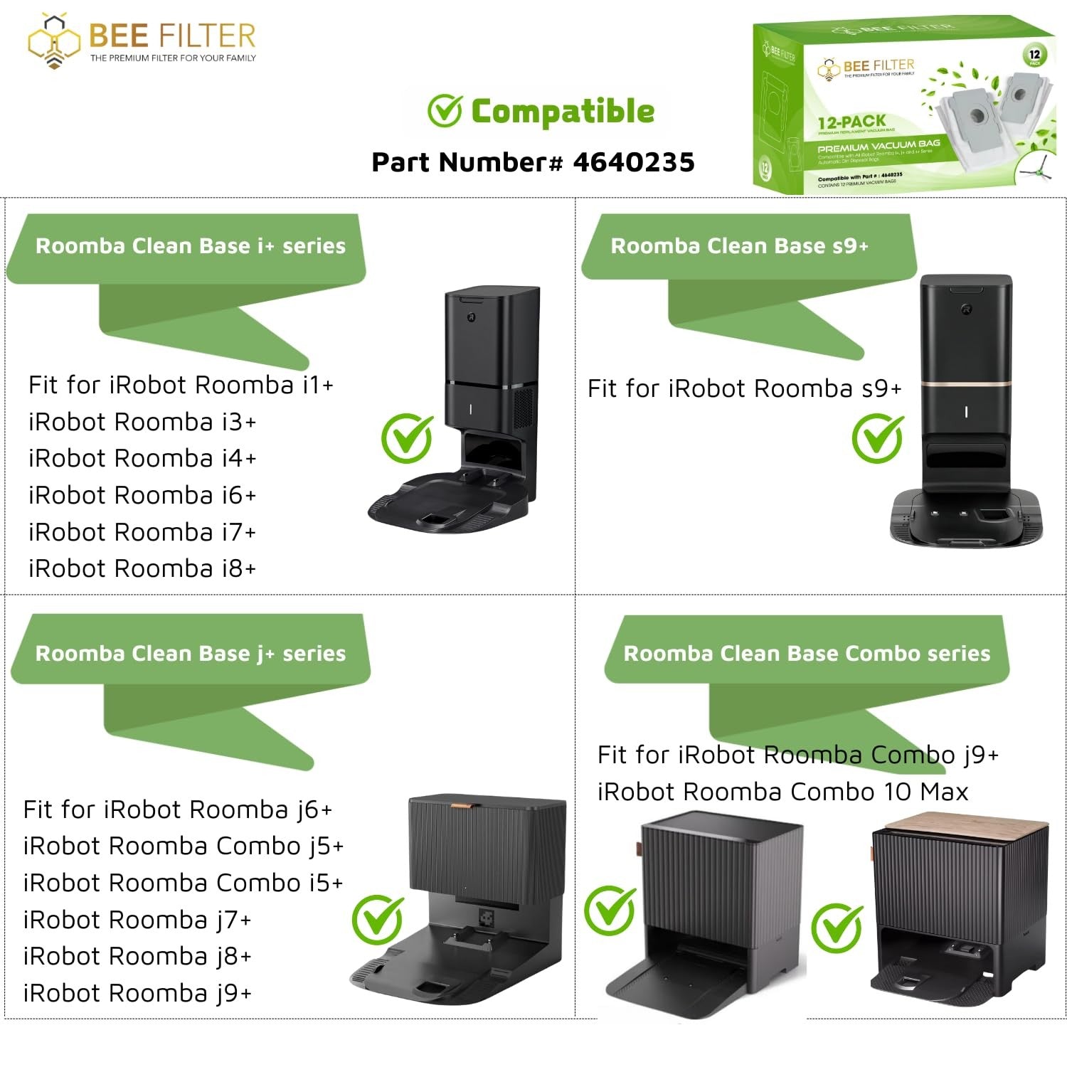 Bee Filter Vacuum Bags for iRobot i s j Series Roomba - 12 Count