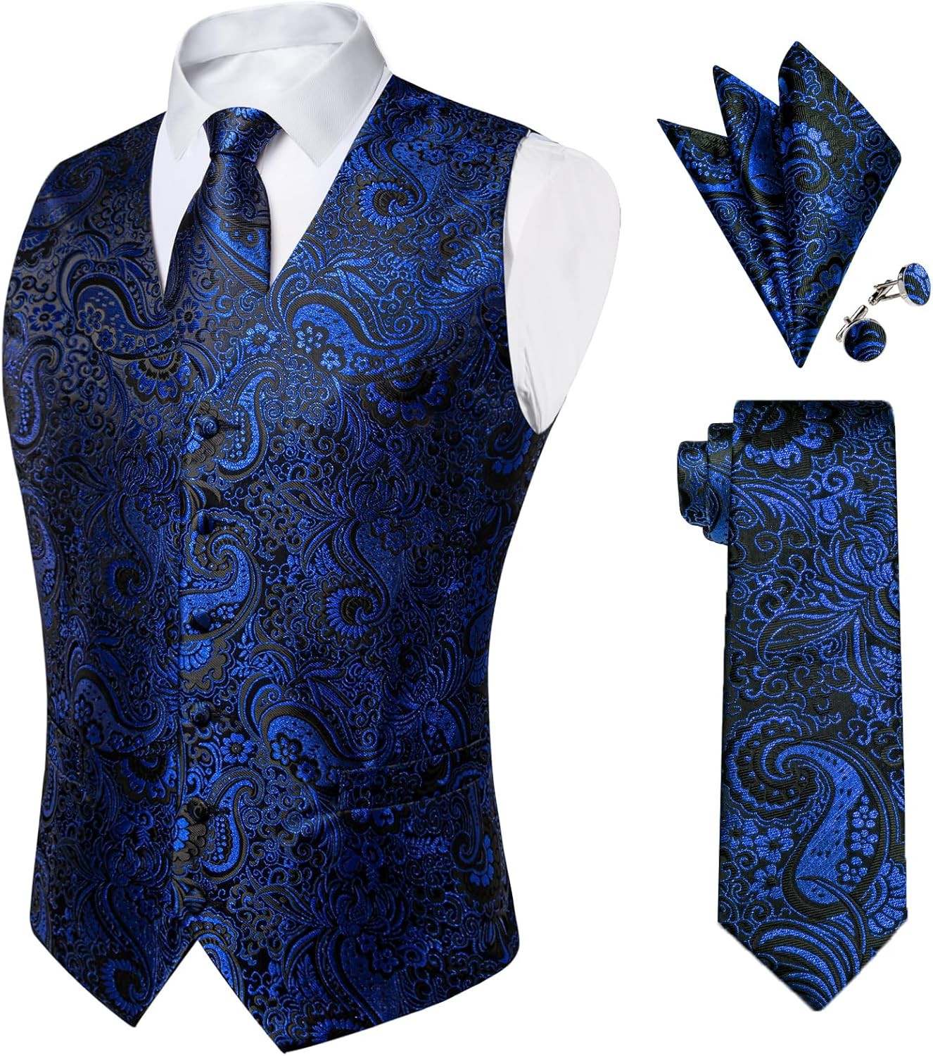 YourTies Royal Blue Paisley Silk Vest Waistcoat Tie Pocket Square Set