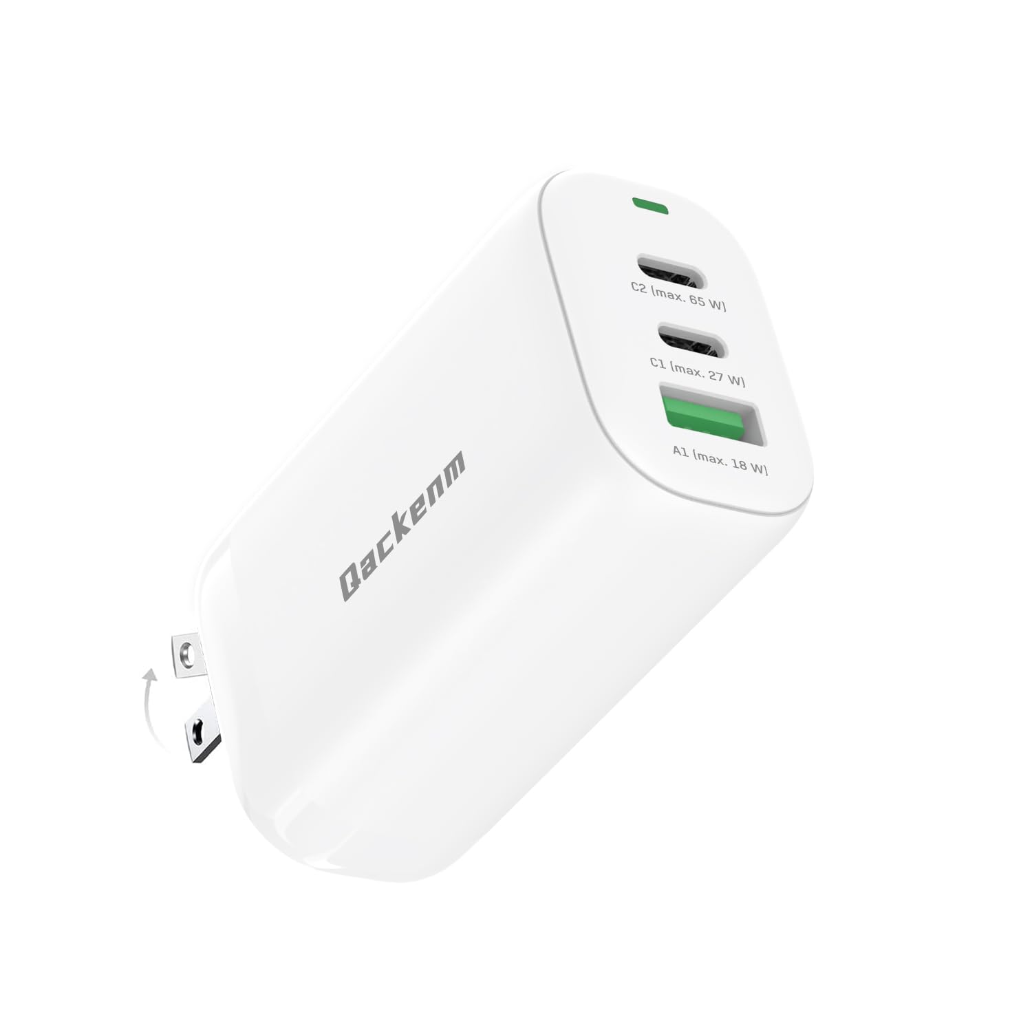 Qackenm 65W 3-Port GaN USB C Charger Foldable Fast Charging White