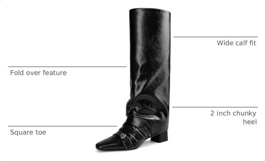 zhsrin Knee High Boots for Women Square Toe Chunky Heel Fold Over Slouchy Boots Wide Calf Comfortable Tall Boots