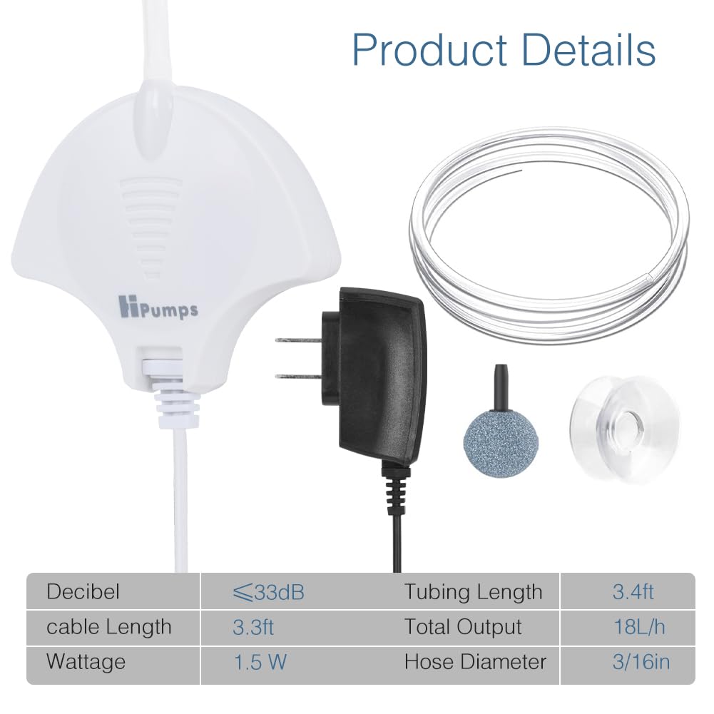 MITOCAPY Silent Aquarium Air Pump 0.3L/min 1.5W White for 0.5-15 Gal Tanks