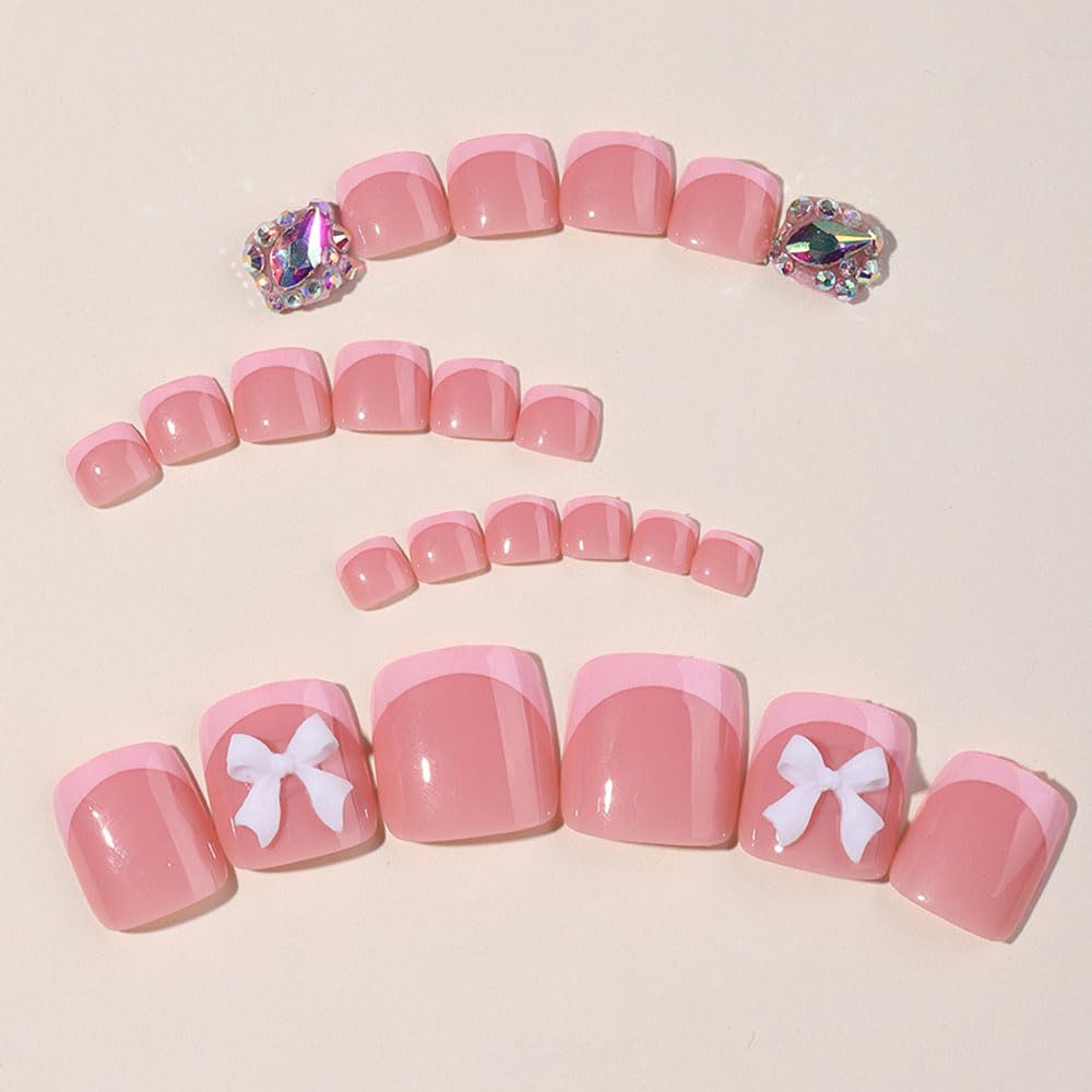 ZIFANHU 24 Pcs 3D Bow Texture Acrylic False Toenails Color V11 Rhinestones