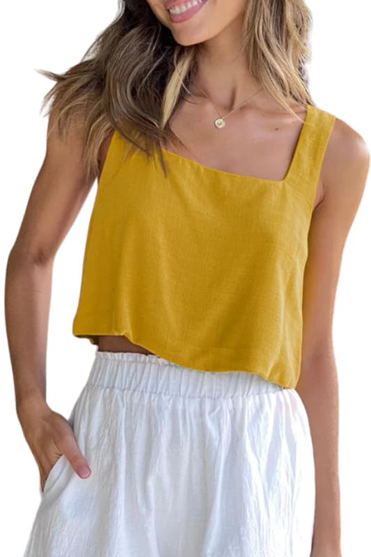 Allimy Women's Square Neck Sleeveless Crop Tank Top Summer Casual Yellow XS